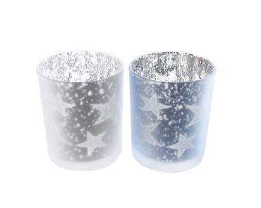 Teelichthalter Glas Laser Sterne blau weiß Ø 7,5 H,8,5 cm 2er Set