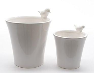Übertopf mit Vögel weiß Dolomit Pflanztopf Blumentopf 2er Set