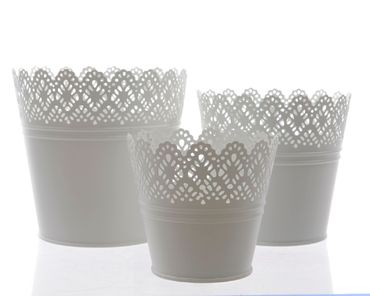 Übertöpfe Blumentöpfe Zink weiß ausgestanzten Blütendekor 3er Set