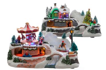LED Winterlandschaft Häuschen Karussell mit beweglichen Teilen batteriebetrieben