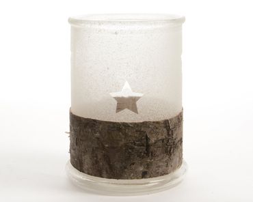 Windlicht Teelicht Glas Zylinder edel mit Rinde beschneit Stern H 17cm