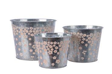 Topf Blumentopf Pflanztopf Übertopf Zink rund mit rosa Blüten 3er Set
