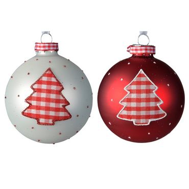 Glaskugel mit Weihnachtsbaum Stoff karo Weihnachtskugel Baumschmuck weiß