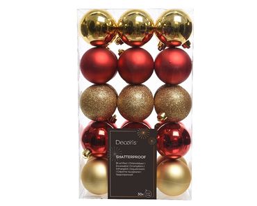 Christbaumkugeln Weihnachtskugeln bruchfest Ø 6 cm 30 Stück rot/gold matt/glitter mix