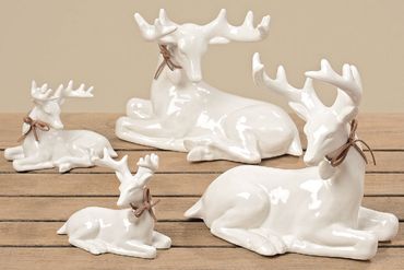 2er Set Hirsch, Deko Figur liegend, Porzellan weiß, 11 cm