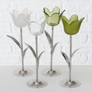 Teelichthalter Tulpe Eisen Glas Tulpen grün oder weiß  H.24 cm 2er Set