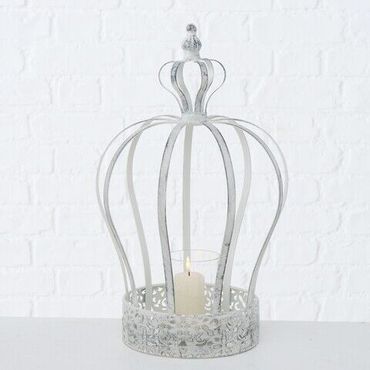 Windlicht Krone Lilli, Teelichthalter Eisen pulverbeschichtet hell grau Shabby H 40 cm