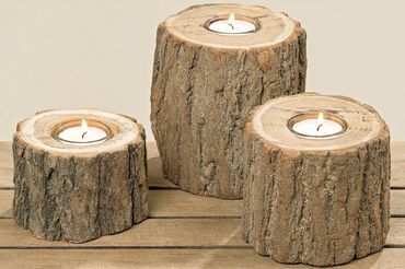 Teelichthalter Holz natur 3er Set H 7 - 13 cm