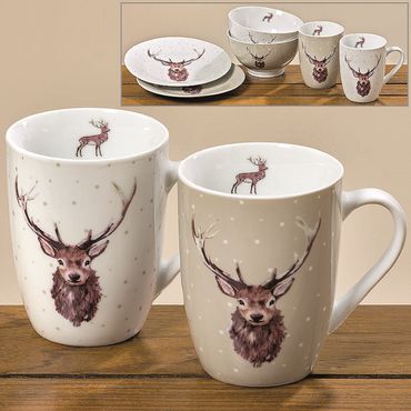 Becher Tasse Porzellan Motiv Hirsch H 11 cm 2er Set