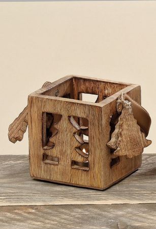 Windlicht Teelicht Mangoholz braun Tannenbaum H 11 cm