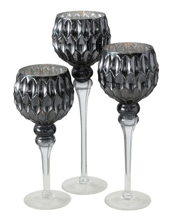 Windlicht Manou Glas lackiert grau-silber,  3er Set,  Deko Glas H 30-35-40cm
