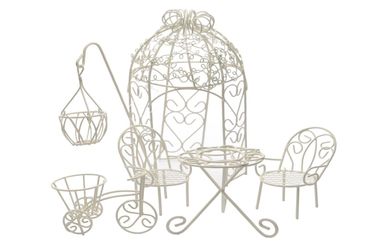 Miniatur Draht- Gartenmöbelset Tisch Stühle Laube weiß 6-teilig