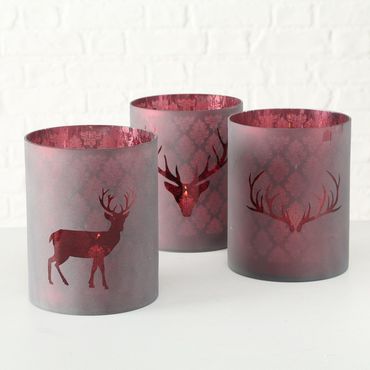 Windlicht Kiara Glas weinrot Hirsch H 21cm Stückpreis