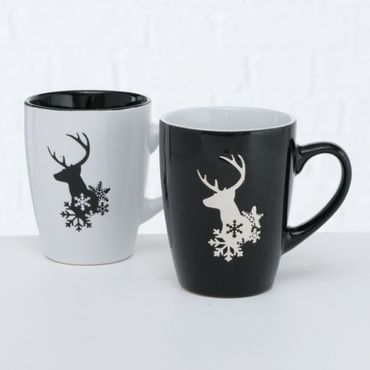 Becher Tasse Kaffeebecher Hirsch-Motiv Steingut 330 ml schwarz weiß 2er Set
