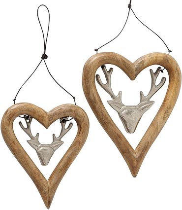 Deko Hänger Herz mit Hirsch Mangoholz Länge 21-26 cm Fensterdeko Geschenk 2er Set