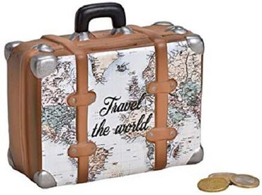 Spardose Sparschwein Sparbüchse Koffer Travel the world 14x13x6 cm
