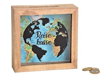 Spardose Sparkasse  Sparbüchse Reisekasse Urlaubskasse Holz Glas