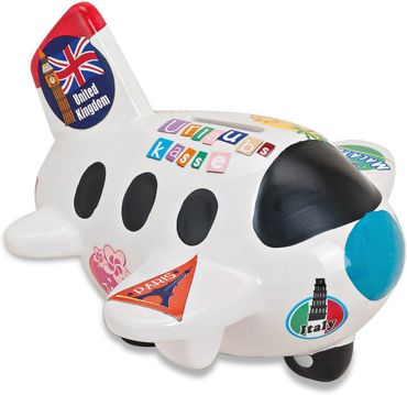 Spardose Flugzeug Sparbüchse Reisekoffer Keramik 16x17x14 cm