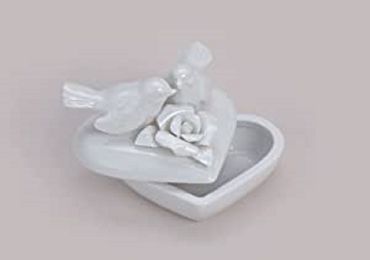 Herz Dose mit Deckel weiß Hochzeit Liebe Keramik Vogel Herz Blume H ca. 6 cm