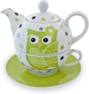 Teekannen-Set Teekanne Tasse Untersetzer Eule Porzellan grün