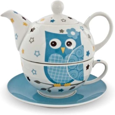 Teekannen-Set Teekanne Tasse Untersetzer Eule Porzellan blau