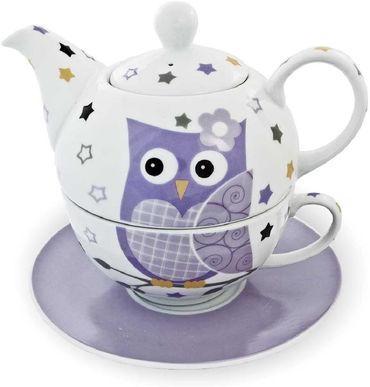 Teekannen-Set Teekanne Tasse Untersetzer Eule Porzellan lila
