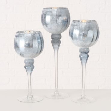 Windlicht Manou Glas lackiert blau geeist metallic 3er Set Deko Glas H 30-35-40cm
