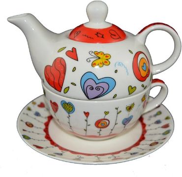 Teekannen-Set mit Tasse+Teller rot