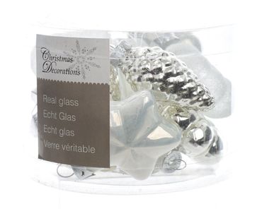 Christbaumkugeln Weihnachtskugeln Glas Blüten Sterne Herzen Zapfen 12 Stück silber