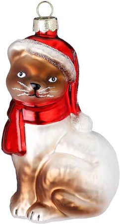 Christbaumschmuck Katze mit Mütze und Schal Glas 10 cm braun