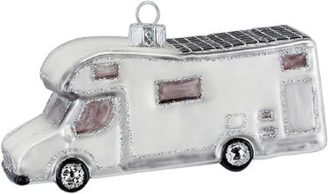 Christbaumschmuck Camper mit Glitzer Glas 7 cm weiß