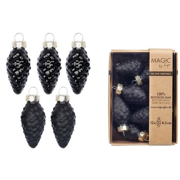 Christbaumschmuck Zapfen Glas H 4,5 cm 12 Stück schwarz matt/glänzend