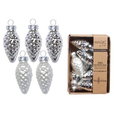 Christbaumschmuck Zapfen Glas H 4,5 cm 12 Stück silber matt/glänzend