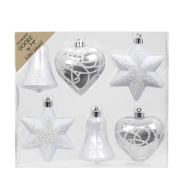 Christbaumschmuck Glocke Herz Stern Kunststoff 14 cm 6 Stück weiß