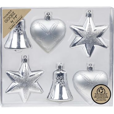 Christbaumschmuck Glocke Herz Stern Kunststoff 14 cm 6 Stück silber