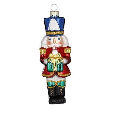 Christbaumschmuck Nussknacker mit Geschenk Glas 14 cm bunt