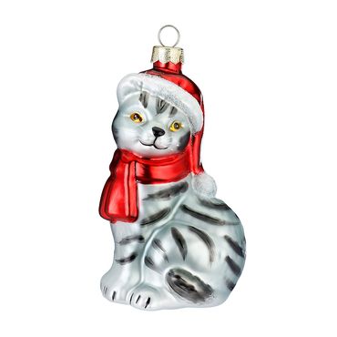 Christbaumschmuck Glas Katze mit Mütze und Schal 10 cm grau