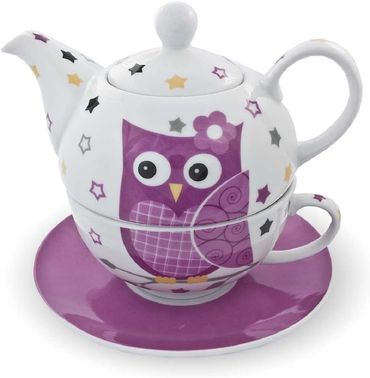 Teekannen-Set Teekanne Tasse Untersetzer Eule Porzellan pink