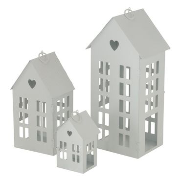 Laterne Alamo, Haus Windlicht 3 tlg weiß Eisen lackiert H 14-35cm