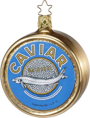 Christbaumschmuck Glas Kaviar Dose 8,5 cm blau/gold