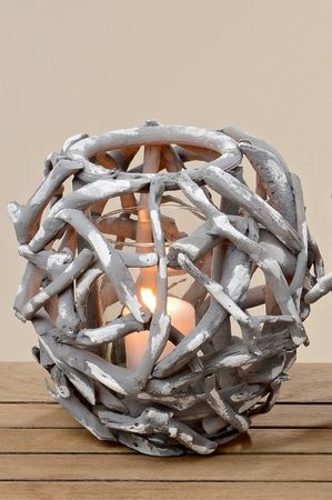 Windlicht MaluTeelicht Holzstücke Glaseinsatz grau H 25cm Ø 25cm