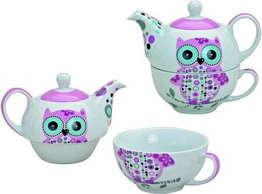 Teekanne mit Tasse Eulen Dekoration weiß bunt Keramik