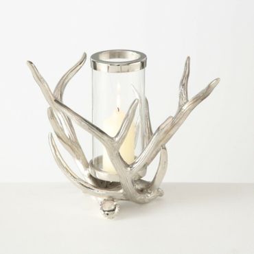 Windlicht Geweih 2 tlg. Aluminium silber Kerzenhalter H 25 cm