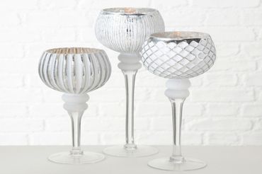 Windlicht Manou Glas mit Fuß Pokal Vase Kerzenhalter weiß  3er Set