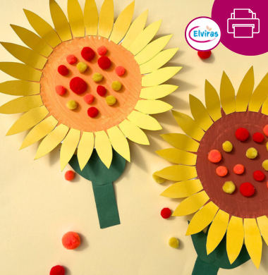 onnenblumen, gebastelt aus Tonpapier und Pompons.