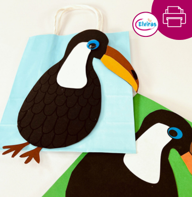 Eine Papiertragetasche, die mit einem Vogel aus Papier verziert wurde. Den Vogel bieten wir als kostenlose Bastelvorlage an.
