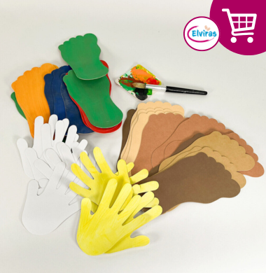 Bunte Füße und Hände aus Papier. Diese bieten wir zum Kauf an.