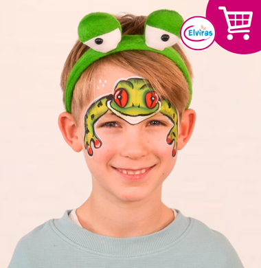 Ein Junge, geschminkt wie ein Frosch. Er trägt auch einen Frosch-Haarreif, den wir bei uns im Shop verkaufen.