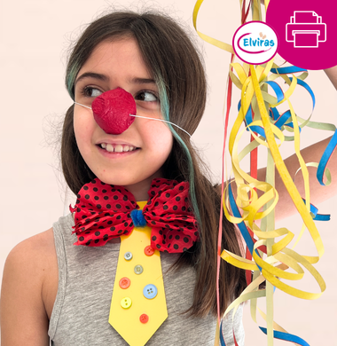 Ein Mädchen hat eine rote Clownsnase auf und eine bunte Papierkrawatte. Wie man diese bastelt, steht in der Bastelvorlage.