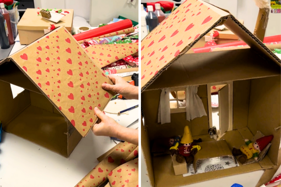 Dach für das Wichtelhaus aus Karton basteln und es mit Geschenkpapier dekorieren.